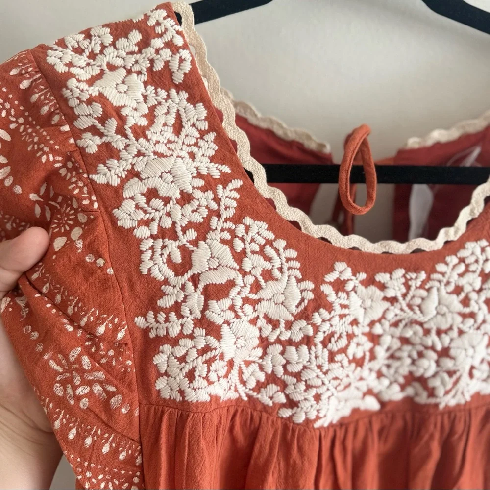 NWT BluIvy Embroidered Rust Boho Mini Dress Peasant Ruffles 100% Cotton Small - Picture 4 of 8